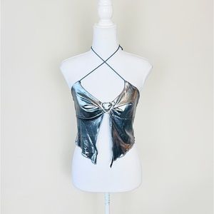 Silver Metallic Lettuce Hem Rhinestone Cutout Ruched Halter Tank Crop Top